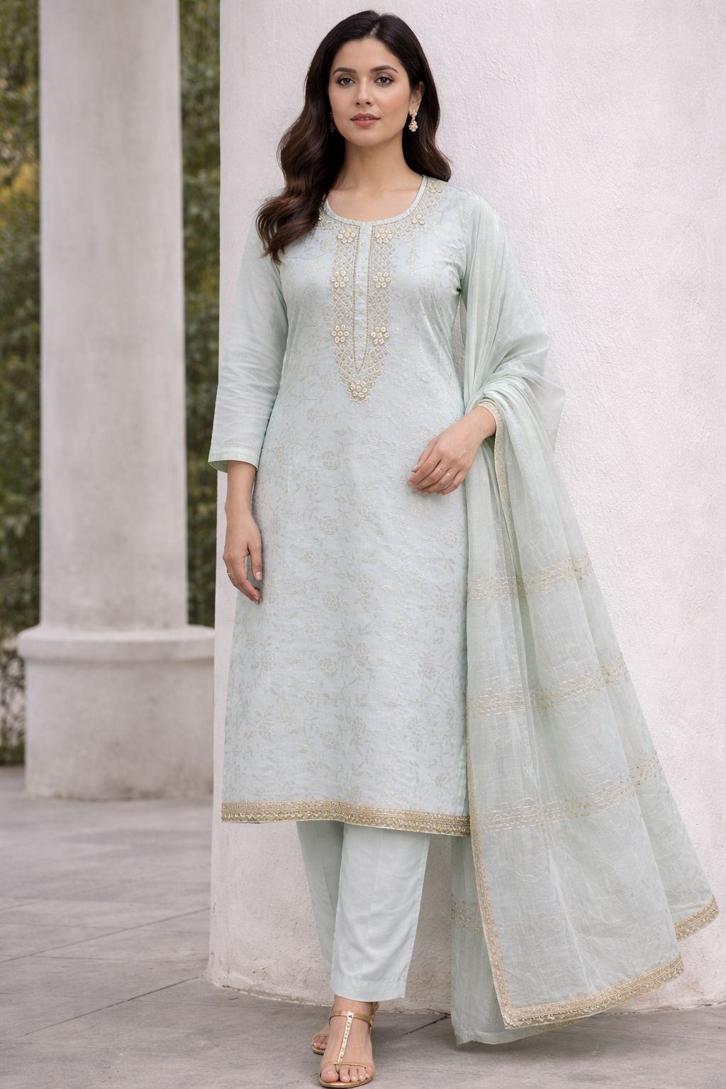 LIGHT BLUE WITH WHITE MOTIF EMBROIDERY